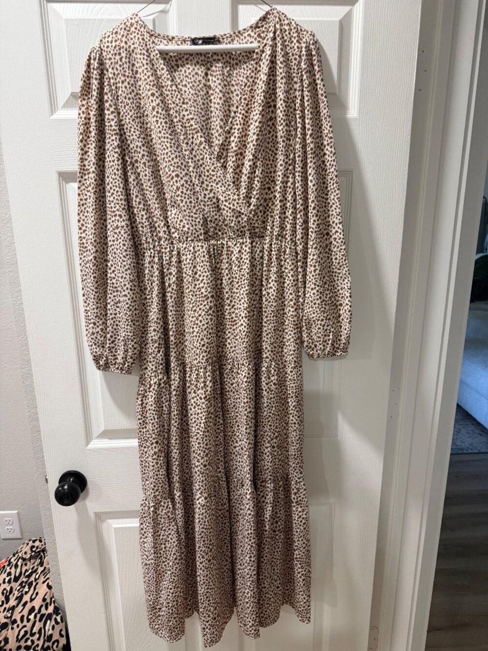 PrettyGarden Large Leopard Print Long Sleeve Dress Cream Brown
